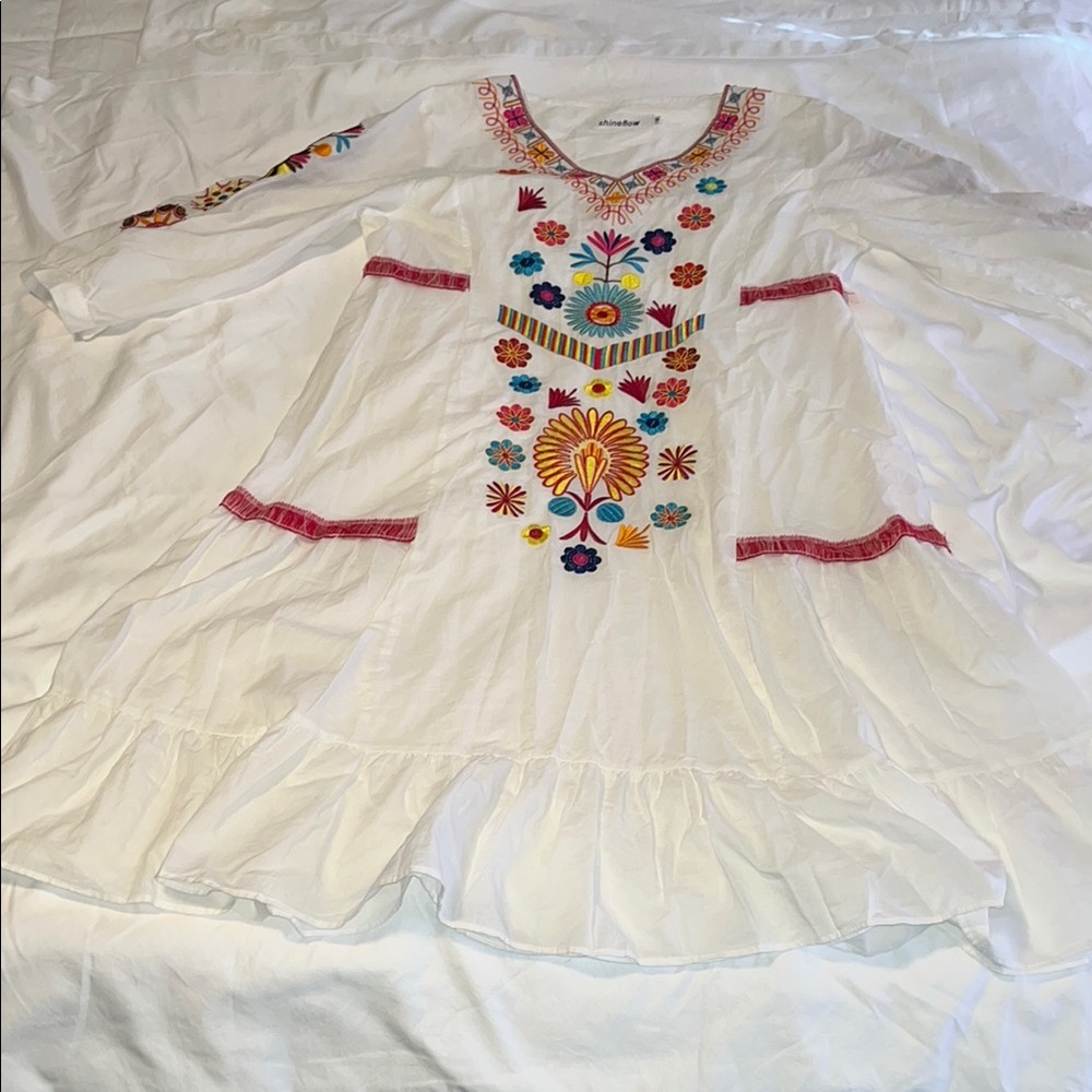 White and Orange Ruffled Tiered Midi Sundress with Flutter Sleeves size Me.